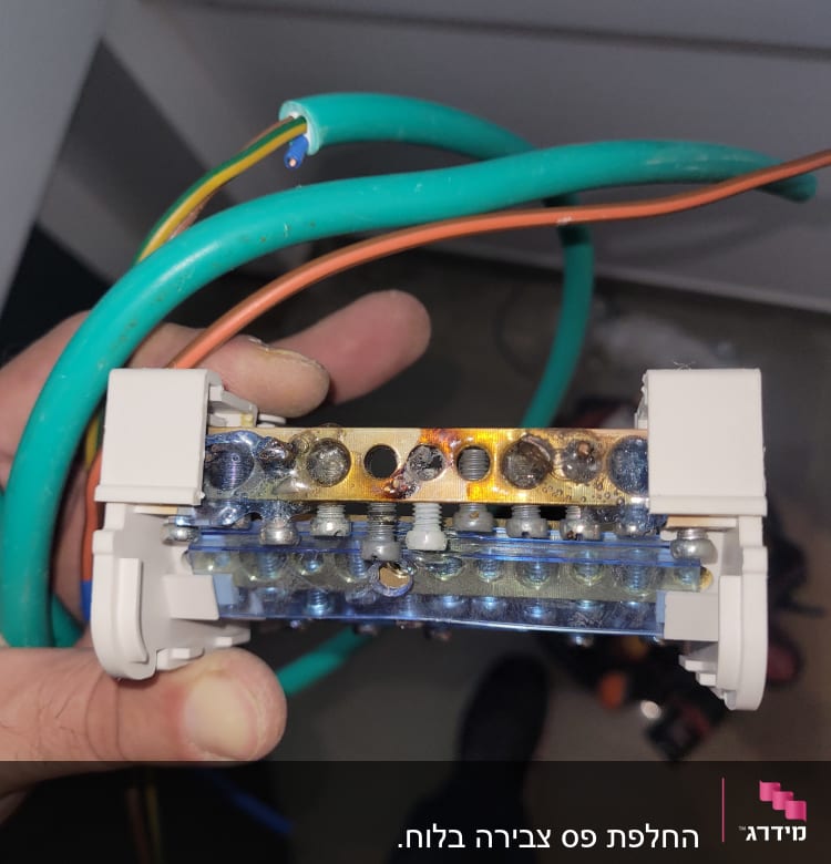 חוטי חשמל צבעוניים ומחבר חשמלי ביד חשמלאי